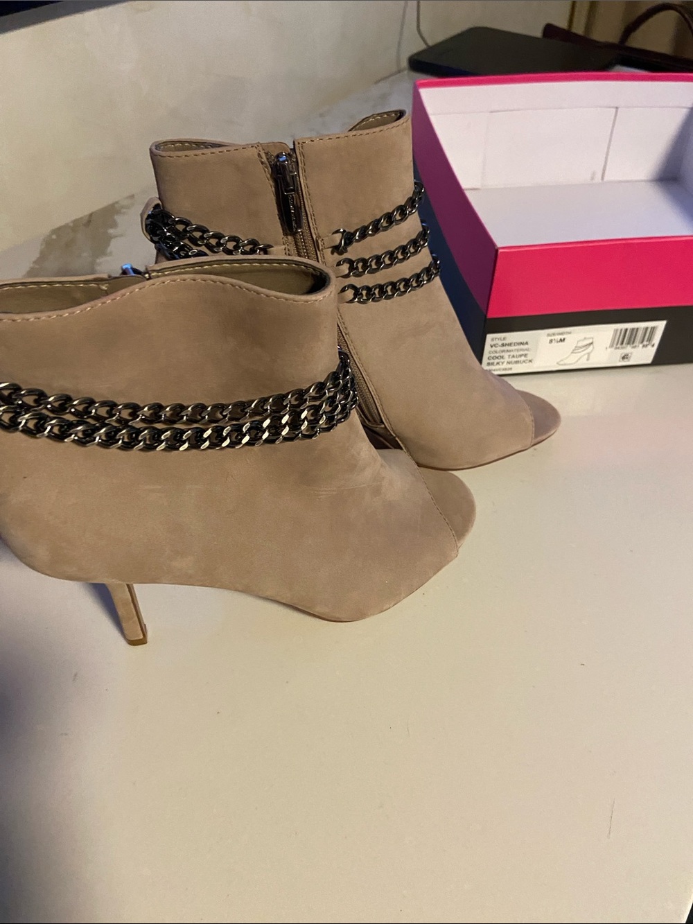 Vince Camuto Taupe Peep-Toe Chain-Trim Ankle Booties